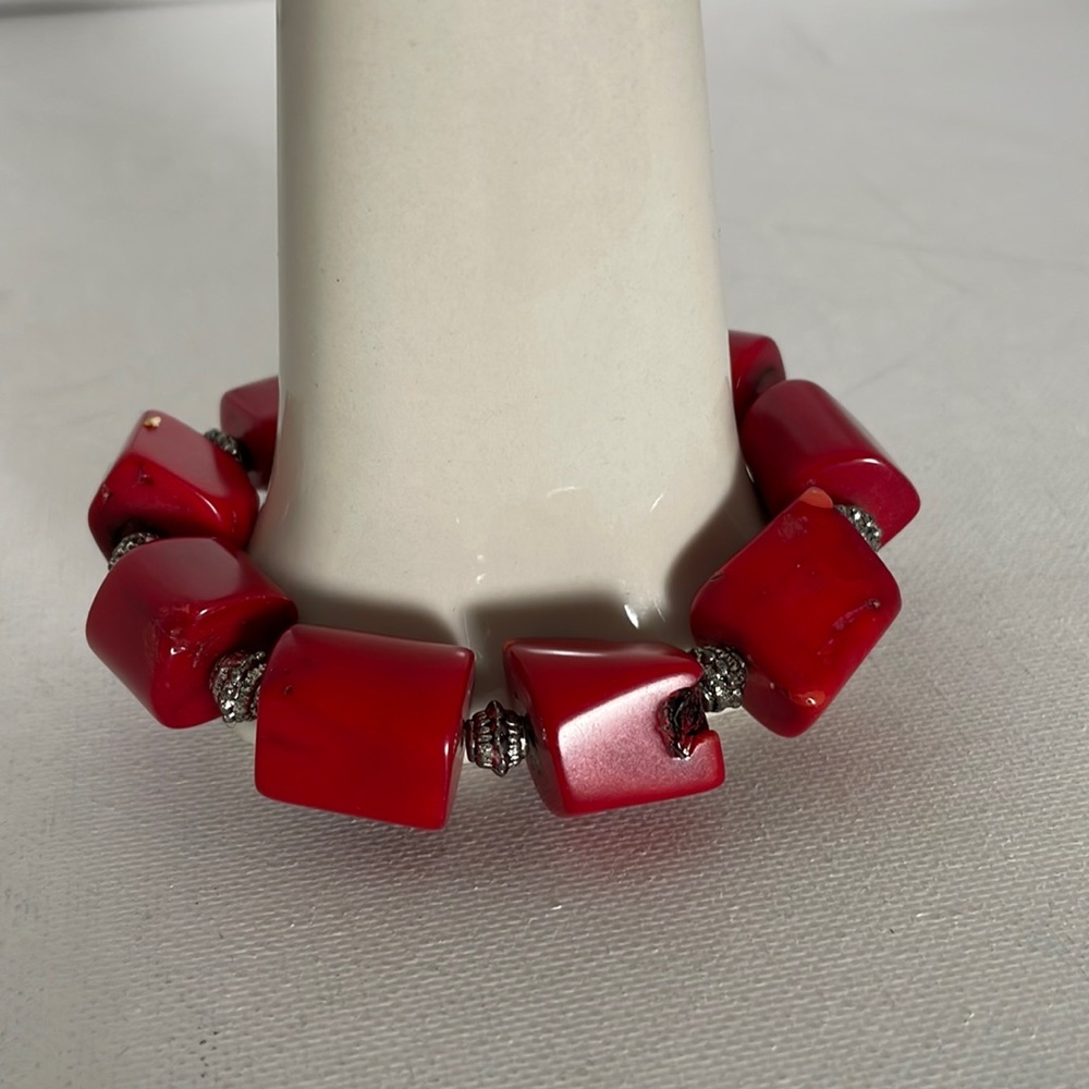 Red Jasper and Silver Beaded Stretch Bracelet